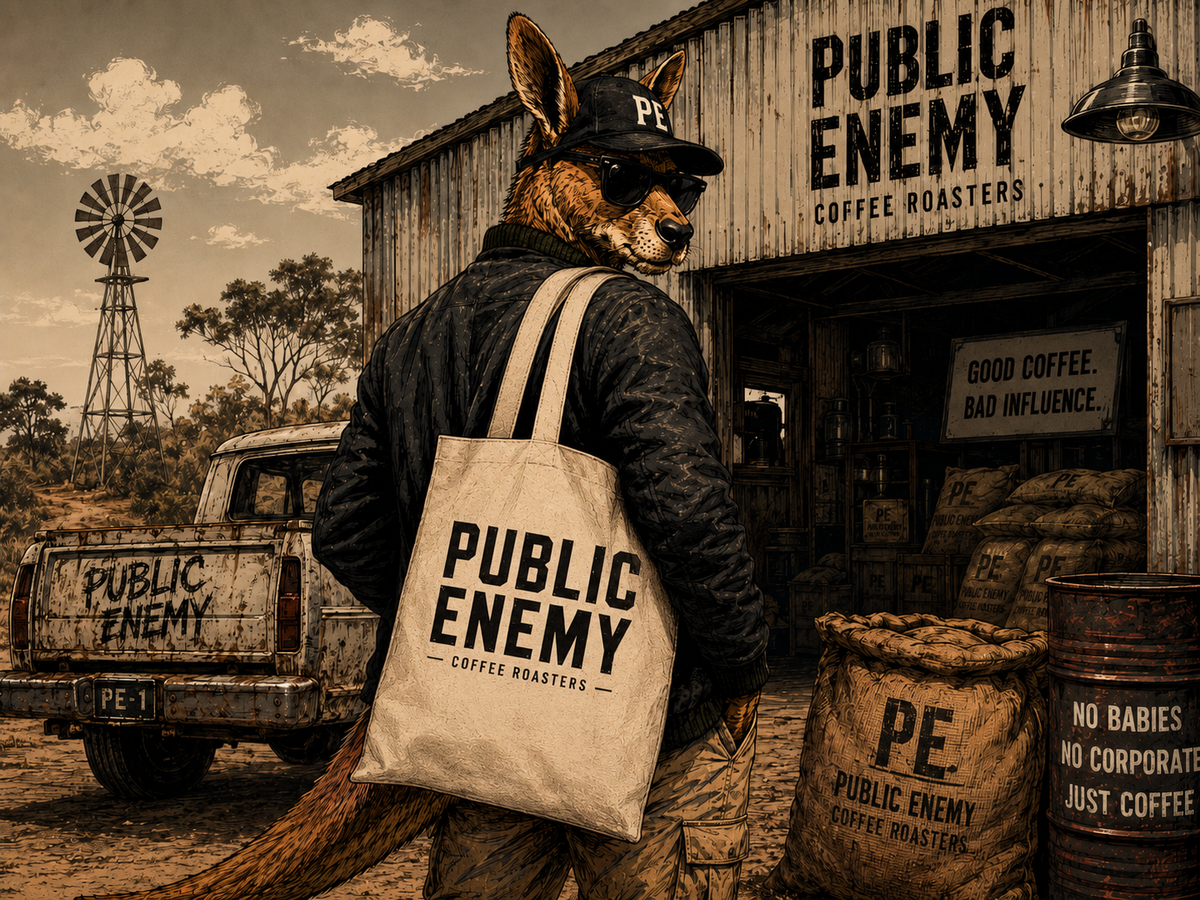 A kangaroo-like anthropomorphic character stands in front of a rustic coffee roaster shop, wearing a black cap and jacket while carrying a large cream tote bag printed with the PUBLIC ENEMY COFFEE ROASTERS logo. The scene includes a vintage truck, barrel, and sign reading 'GOOD COFFEE.