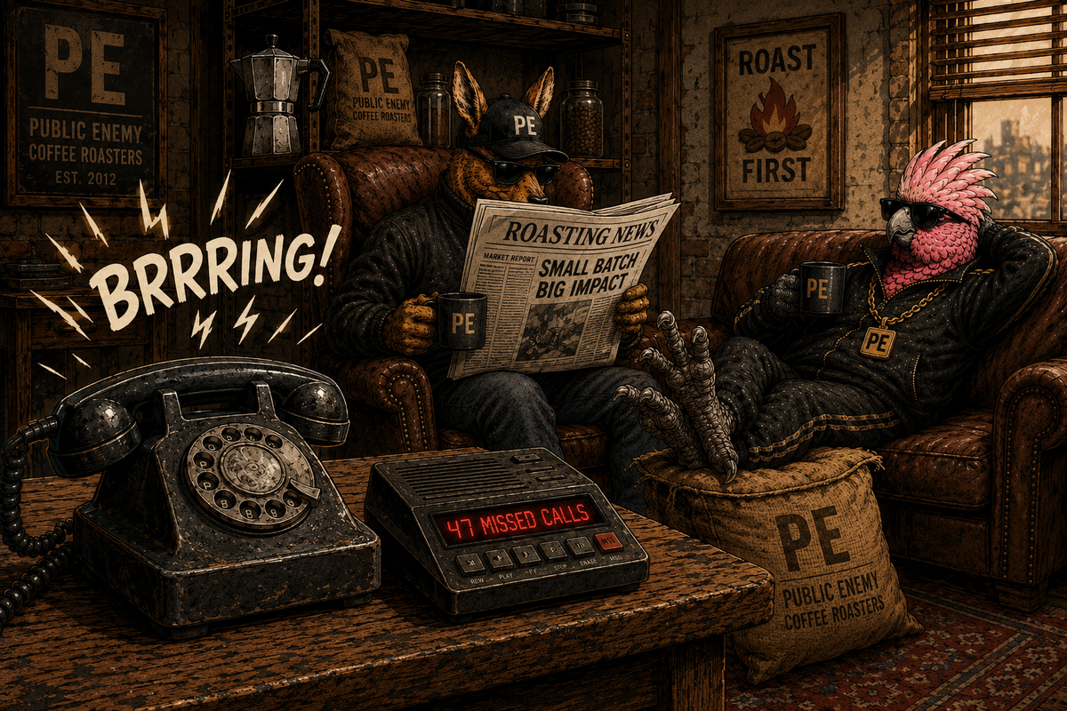 A stylized cozy roasting-room scene with two animal-like roaster characters lounging in leather chairs, one reading a newspaper and one resting with a mug. A vintage rotary phone, a small display labeled '47 MISSED CALLS,' and burlap sacks marked 'PE PUBLIC ENEMY COFFEE ROASTERS' are visible, along with posters reading 'ROAST FIRST' and 'PE.