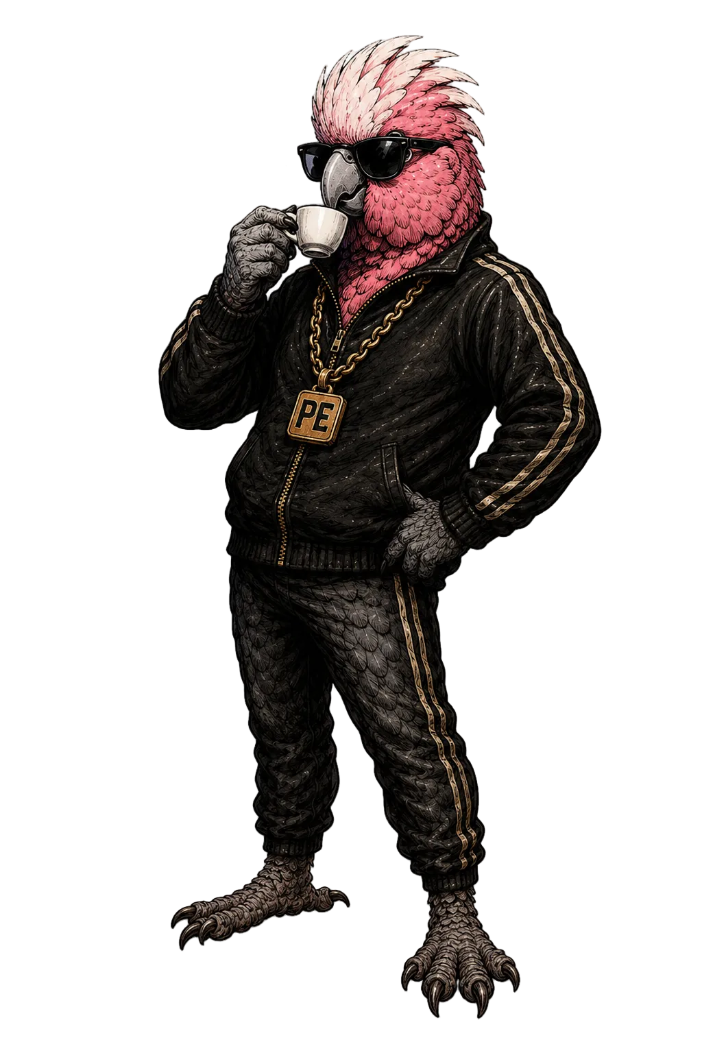 A stylized cockatoo character wearing a black tracksuit with gold stripes, black sunglasses, a gold chain with a square PE logo, and holding a white mug, shown on a transparent checkerboard background.