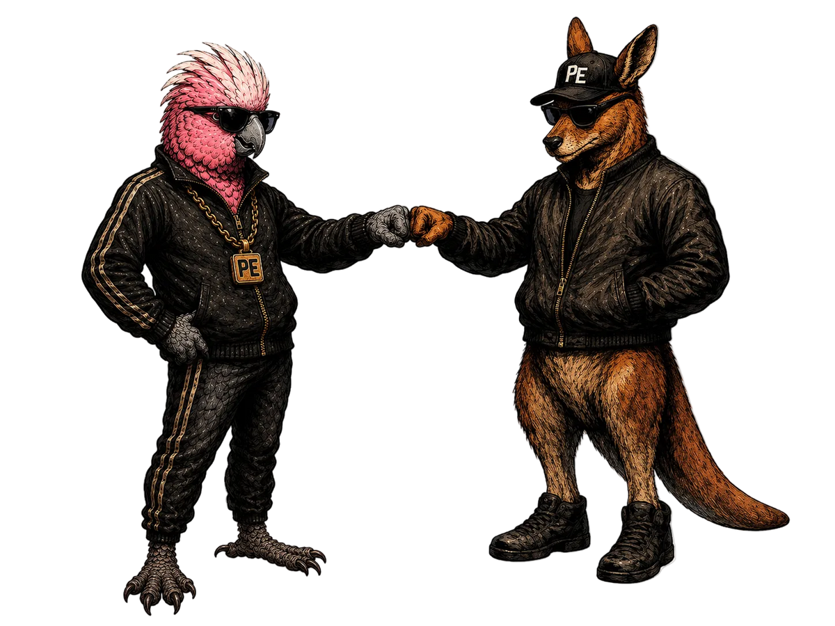 Two anthropomorphic kangaroo-like and bird-like characters in matching black tracksuits and caps with Public Enemy Coffee Roasters cap, standing, fist bumping .