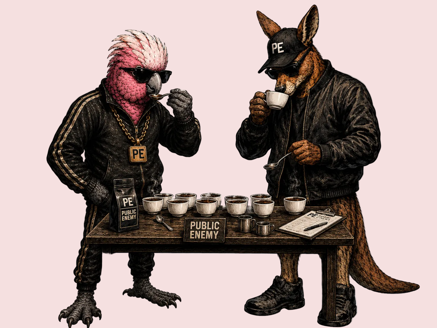 A stylized illustration of two characters in black jackets sitting at a table with coffee cups and a sign reading 'PUBLIC ENEMY COFFEE ROASTERS,' with one character wearing a cap marked 'PE.'