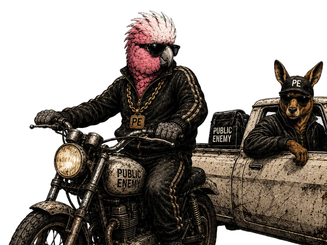 Stylized illustration of a person in a pink and white bird mask riding a motorcycle beside a vintage car, with a dog in the driver's seat. The vehicles have 'PUBLIC ENEMY' markings, and the background is a transparent checkerboard pattern.