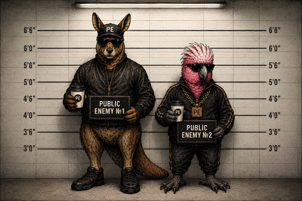 A stylized mugshot-style illustration of two anthropomorphic animals standing against a height chart: a kangaroo-like figure in a black outfit holding a sign that reads PUBLIC ENEMY No.1, and a pink-and-white cockatoo-like figure in a black outfit holding a sign that reads PUBLIC ENEMY No.