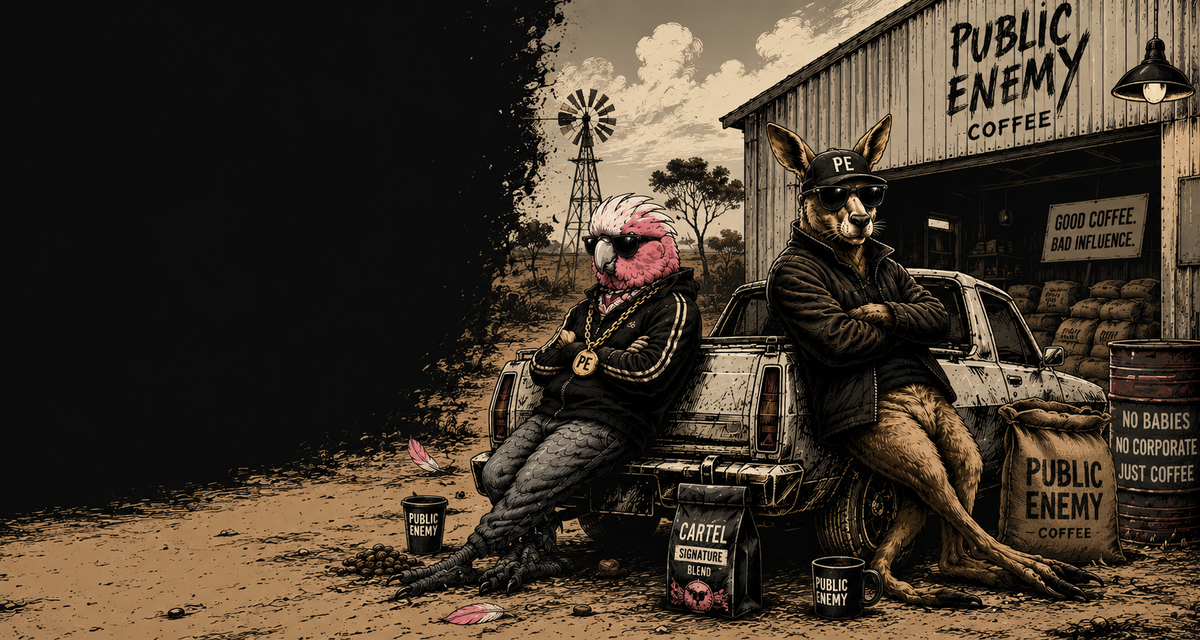 A stylized sepia-toned scene showing two kangaroo-like characters sitting in a vintage car beside a building labeled 'PUBLIC ENEMY COFFEE,' with barrels, a windmill, and a dirt ground in the background.