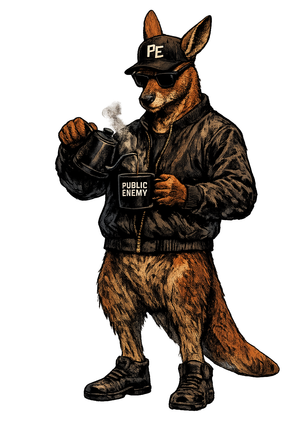 A stylized kangaroo character illustration wearing a black cap with 'PE' and a black jacket, holding a mug labeled 'PUBLIC ENEMY' with steam rising, on a plain white background.